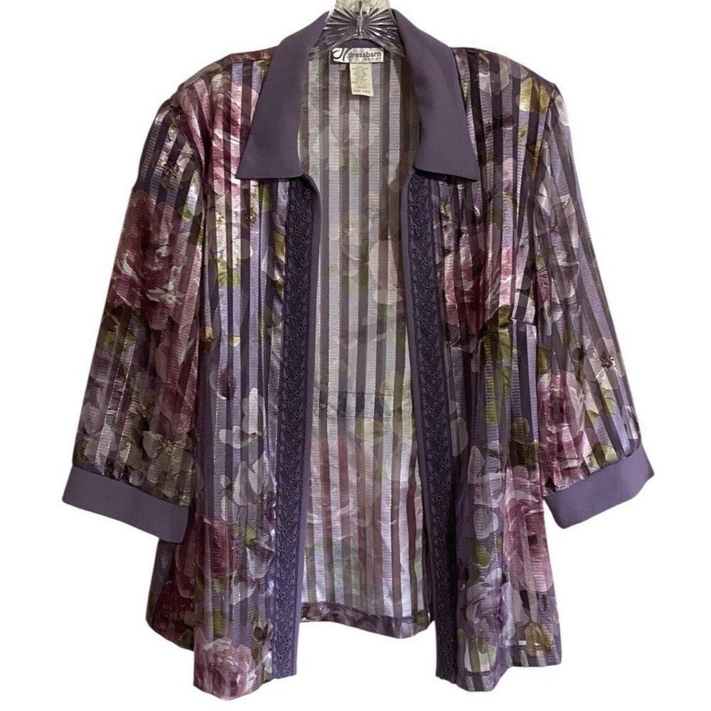 Vintage Dressbarn Cardigan Jacket Sz 14W Purple Floral Striped Sheer Grannycore